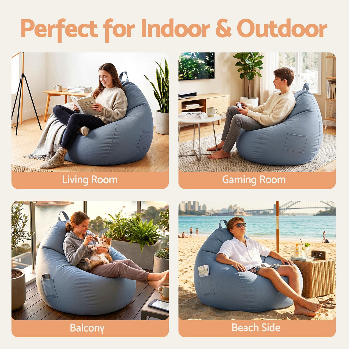 Outdoor Bean Bag Chair with Foam Filling – Grey