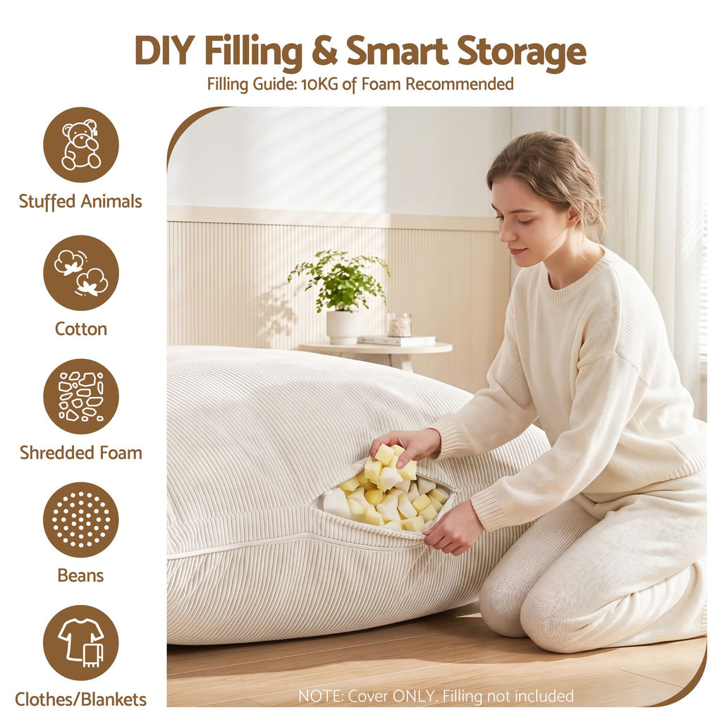 3-in-1 Corduroy Bean Bag Cover – Beige, No Filling