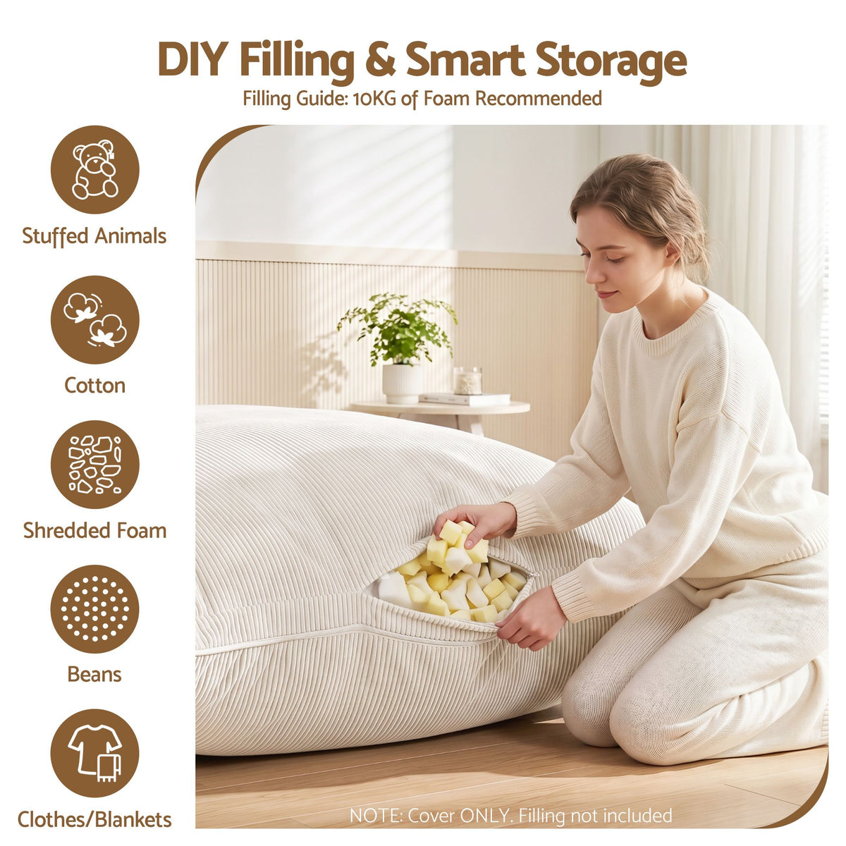 3-in-1 Corduroy Bean Bag Cover – Beige, No Filling
