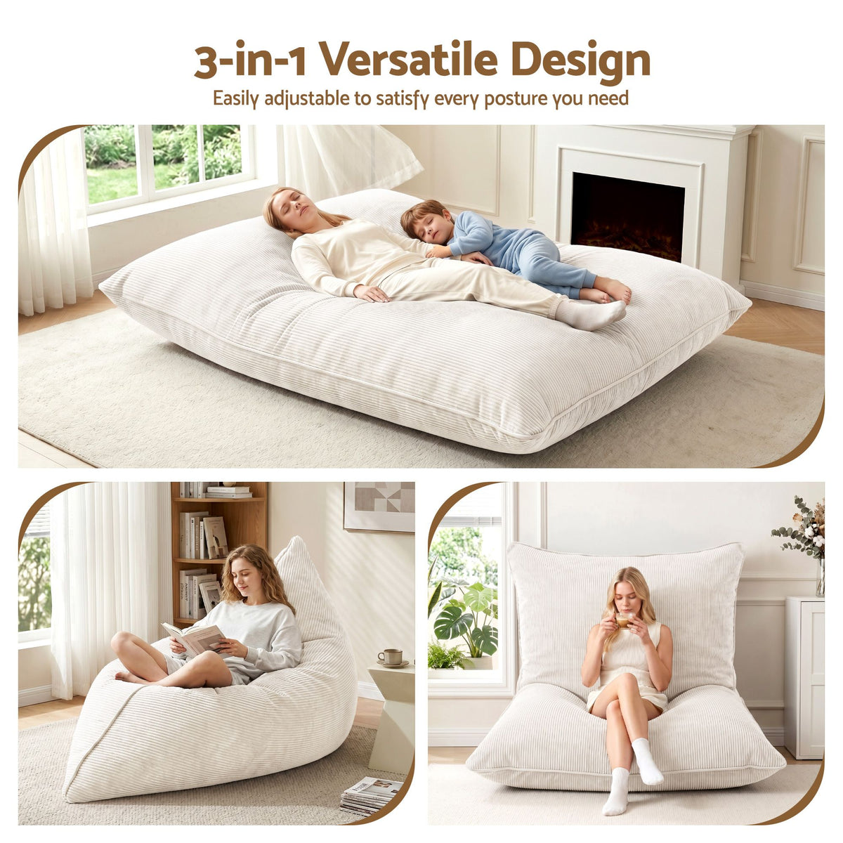 3-in-1 Corduroy Bean Bag Cover – Beige, No Filling