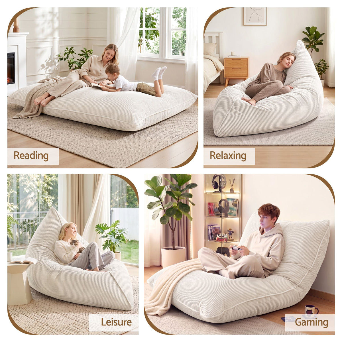 3-in-1 Corduroy Bean Bag Cover – Beige, No Filling