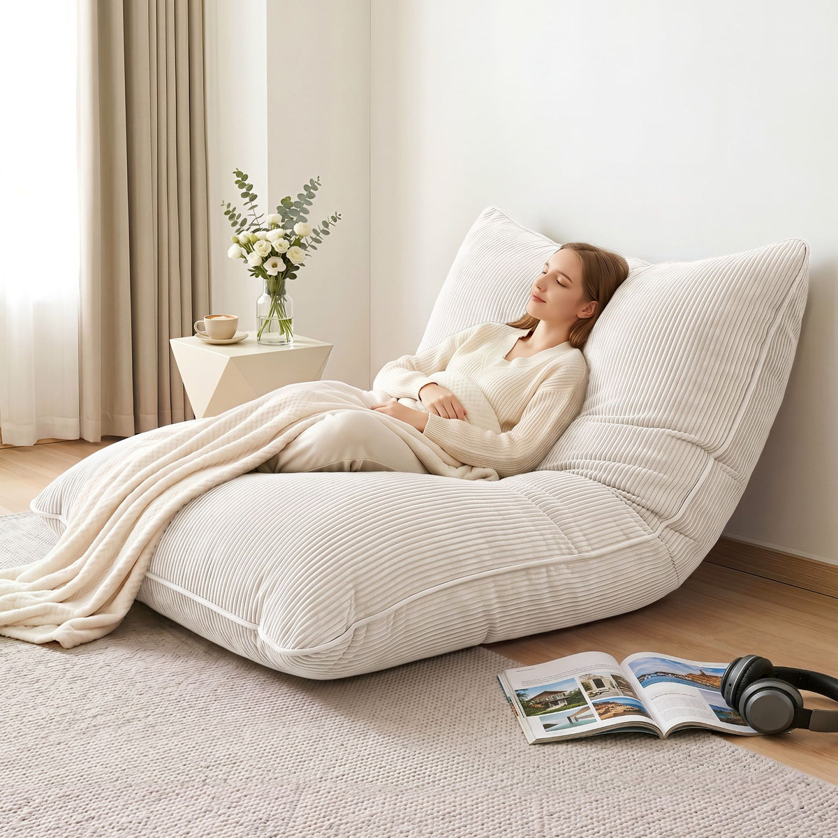 3-in-1 Corduroy Bean Bag Cover – Beige, No Filling