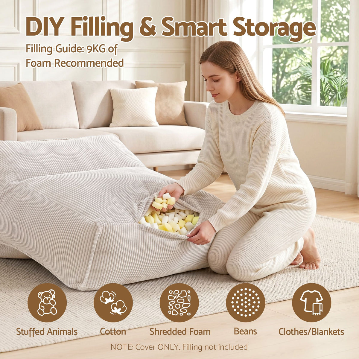Bean Bag Cover – Corduroy Lounge, Beige, No Filling