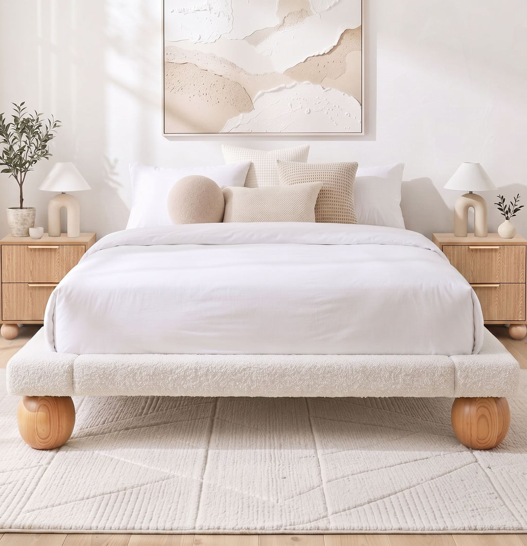 Bed Frame with 2 Bedside Tables – Queen, Bouclé