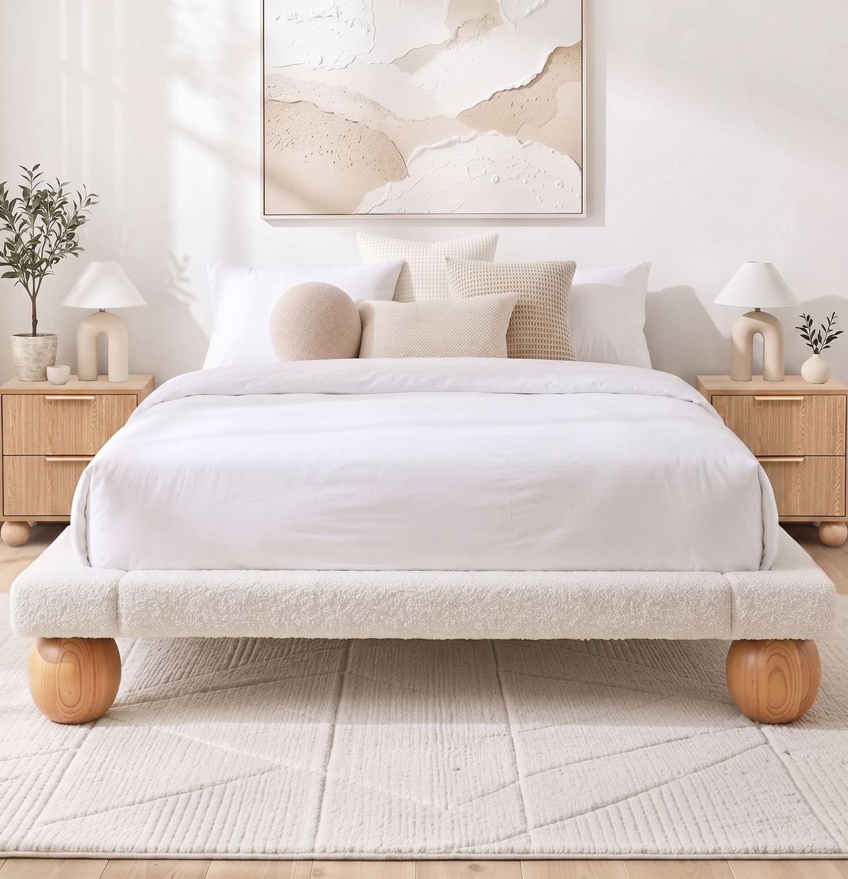 Bed Frame with 2 Bedside Tables – Queen, Bouclé