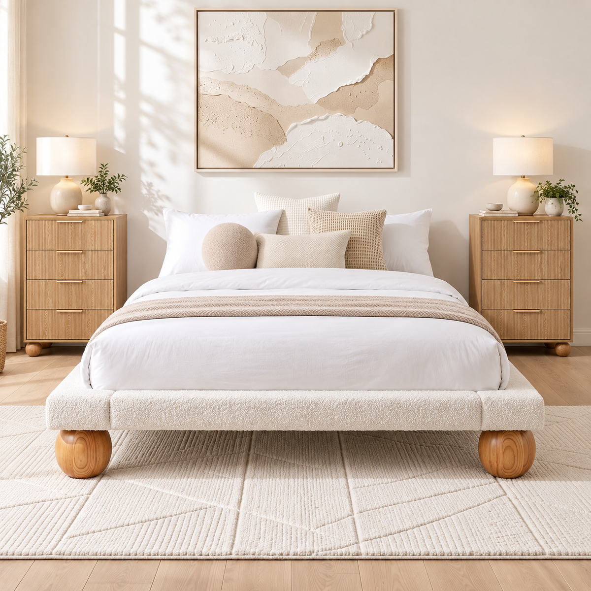 Bed Frame with 2 Four-Drawer Chests – Queen, Bouclé