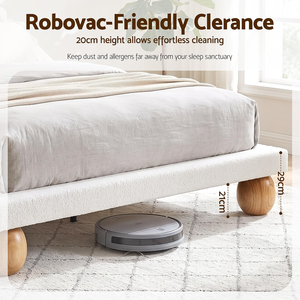 Bed Frame with 2 Four-Drawer Chests – Queen, Bouclé