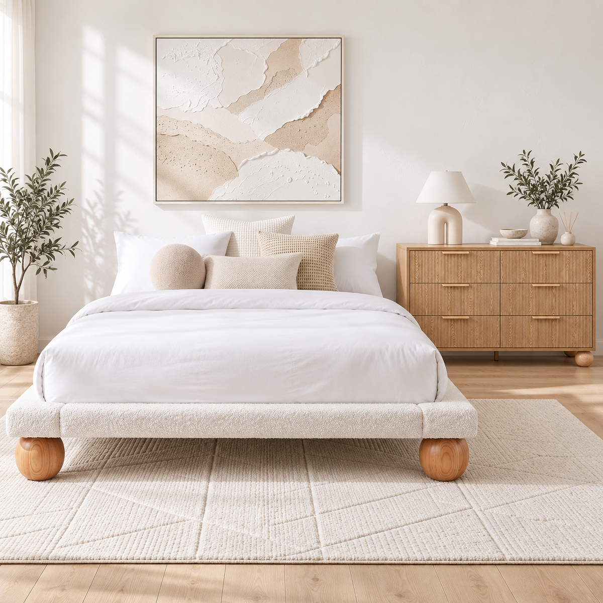 Bed Frame with Six-Drawer Chest – Queen, Bouclé
