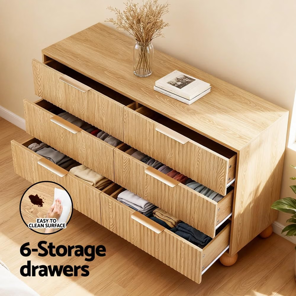 Bed Frame with Six-Drawer Chest – Queen, Bouclé