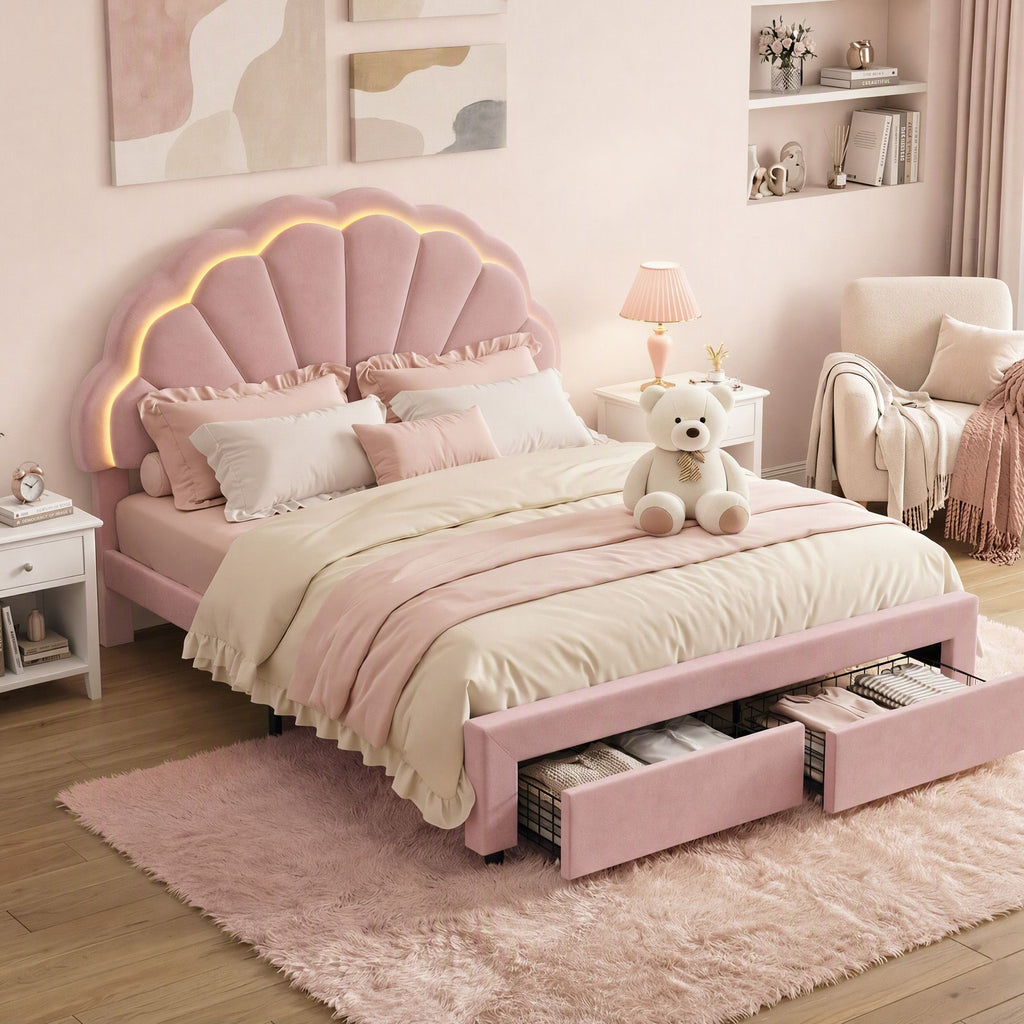Bed Frame with LED Headboard & 2 Drawers – Double, Pink Velvet