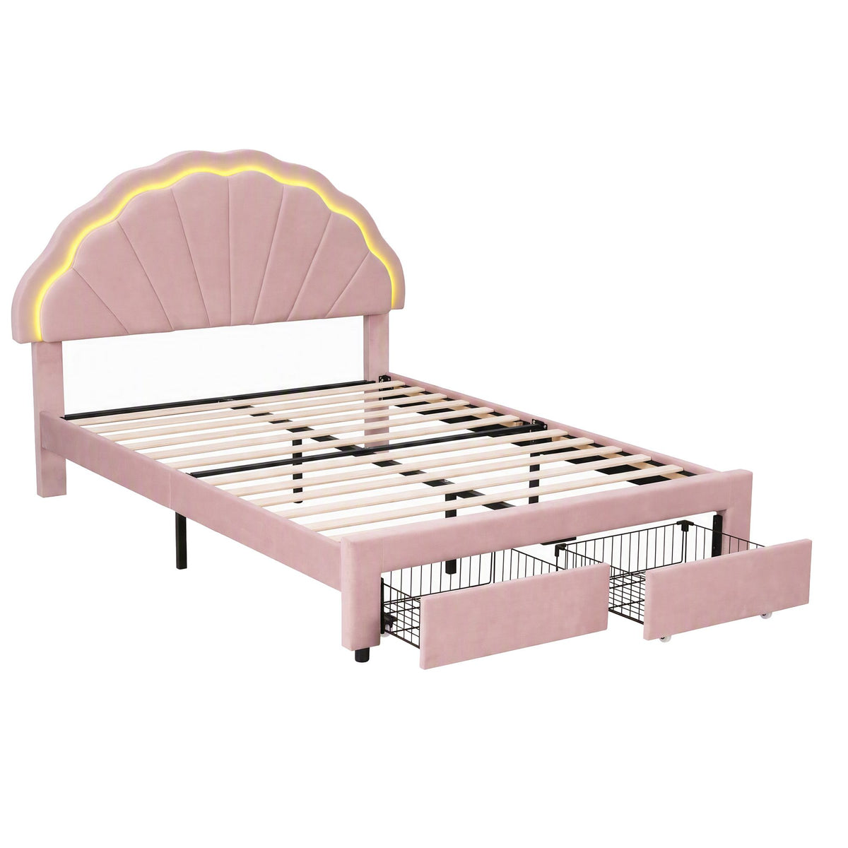 Bed Frame with LED Headboard & 2 Drawers – Double, Pink Velvet