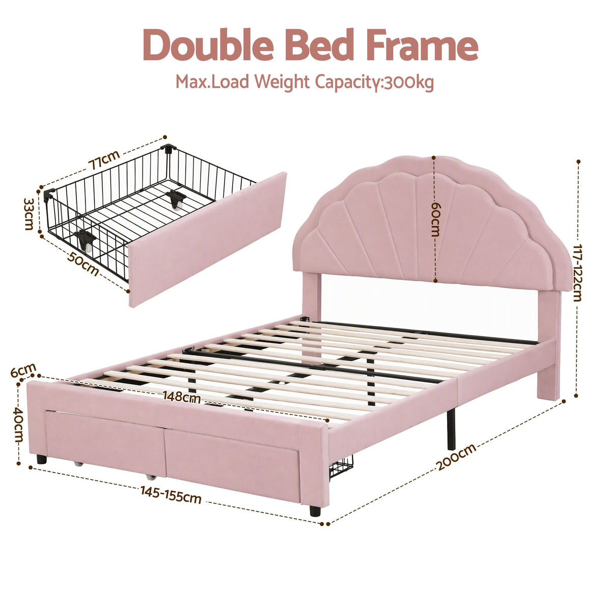 Bed Frame with LED Headboard & 2 Drawers – Double, Pink Velvet