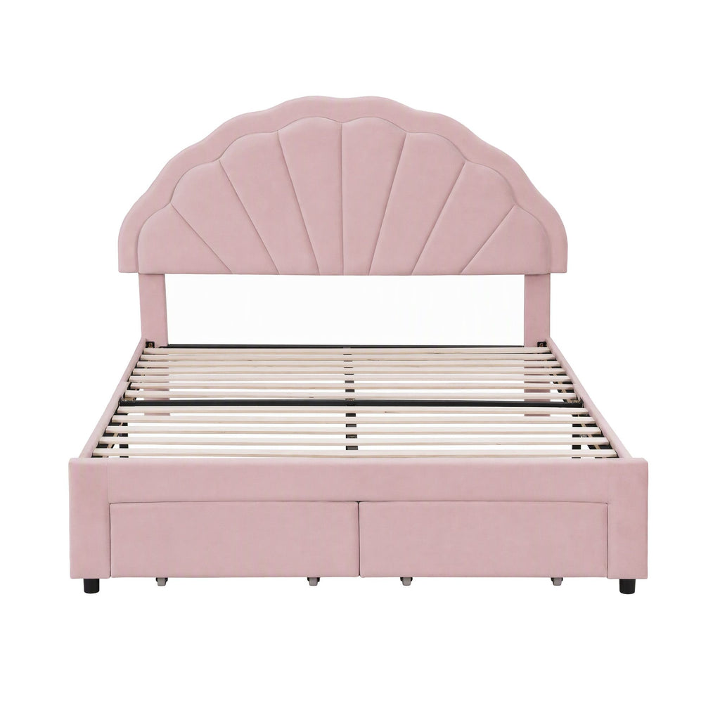 Bed Frame with LED Headboard & 2 Drawers – Double, Pink Velvet