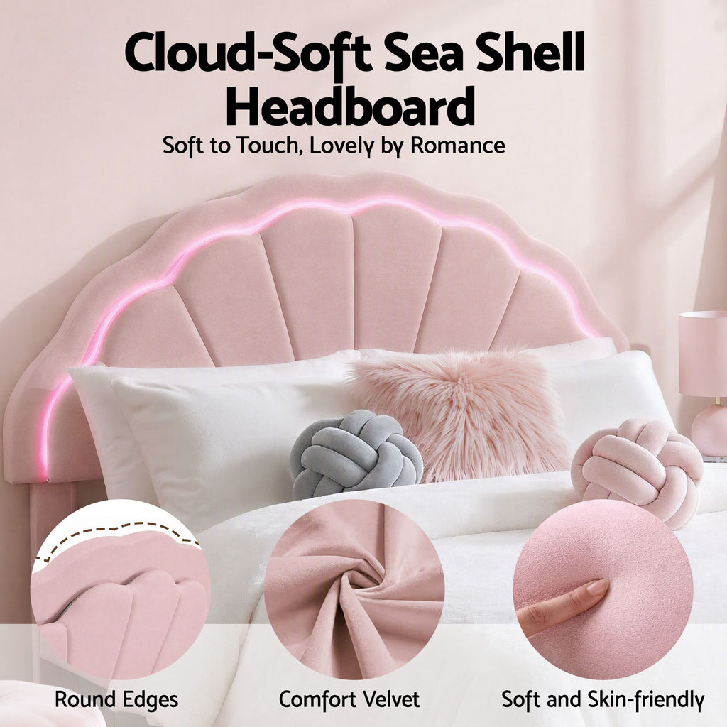 Bed Frame with LED Headboard & 2 Drawers – Double, Pink Velvet