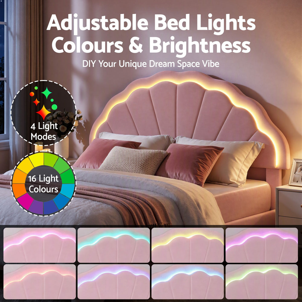 Bed Frame with LED Headboard & 2 Drawers – Double, Pink Velvet