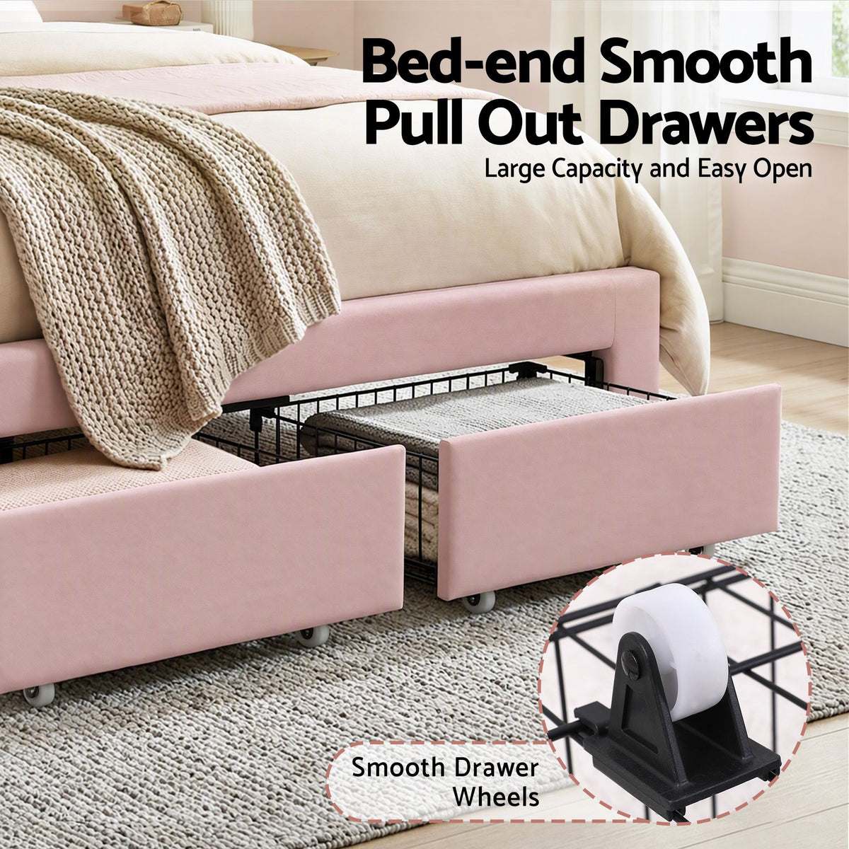 Bed Frame with LED Headboard & 2 Drawers – Double, Pink Velvet