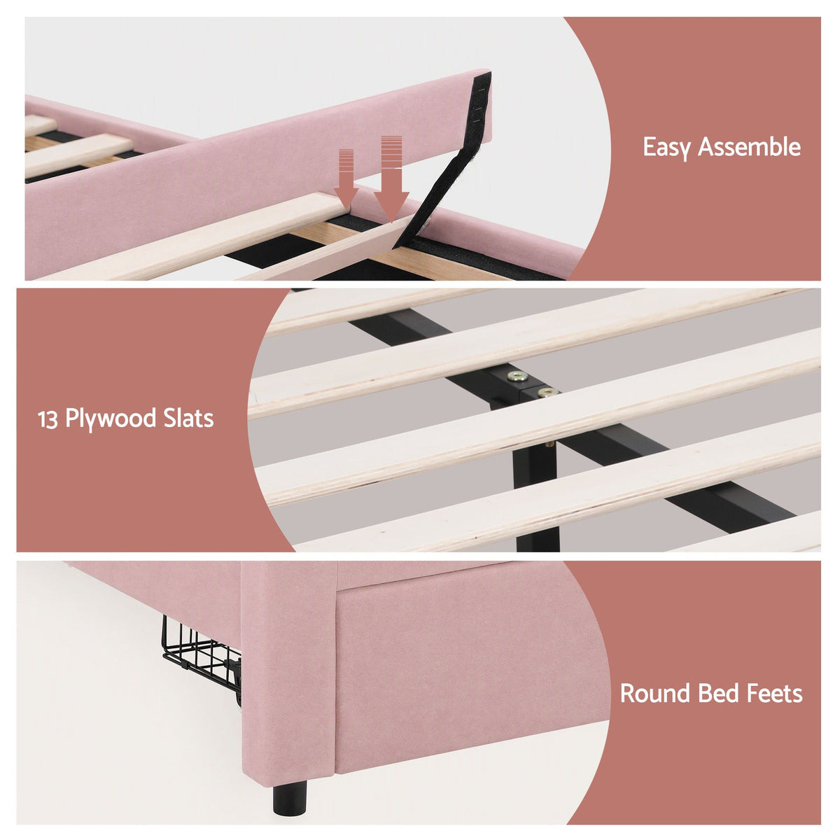 Bed Frame with LED Headboard & 2 Drawers – Double, Pink Velvet
