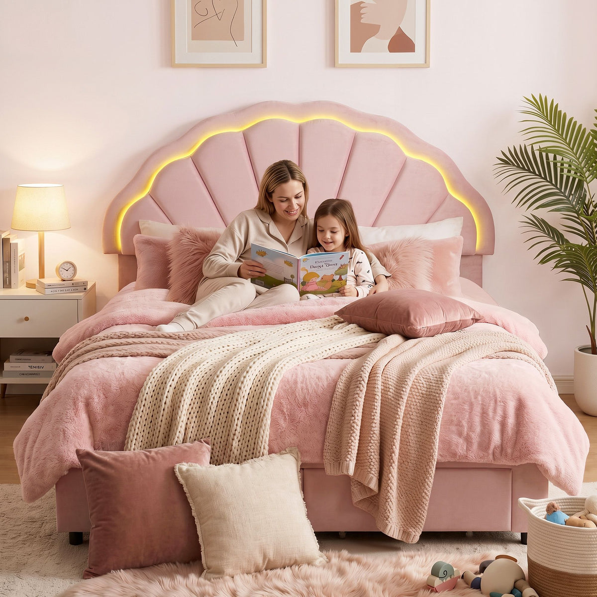 Bed Frame with LED Headboard & 2 Drawers – Double, Pink Velvet
