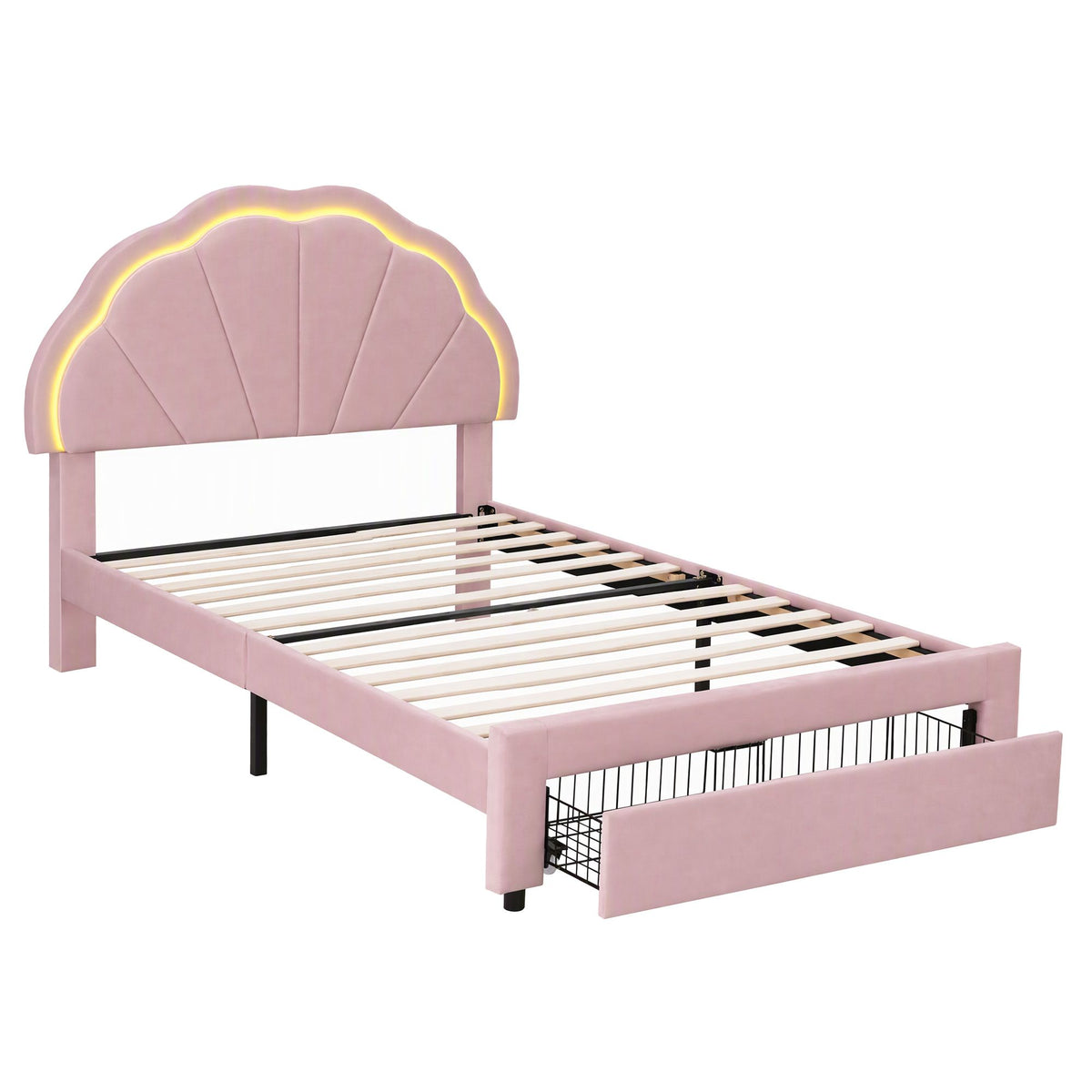 Bed Frame with LED Headboard & Drawer – King Single, Pink Velvet
