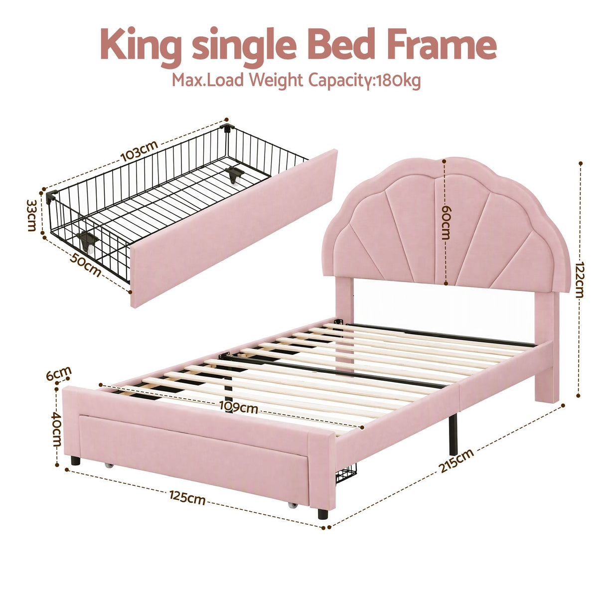 Bed Frame with LED Headboard & Drawer – King Single, Pink Velvet