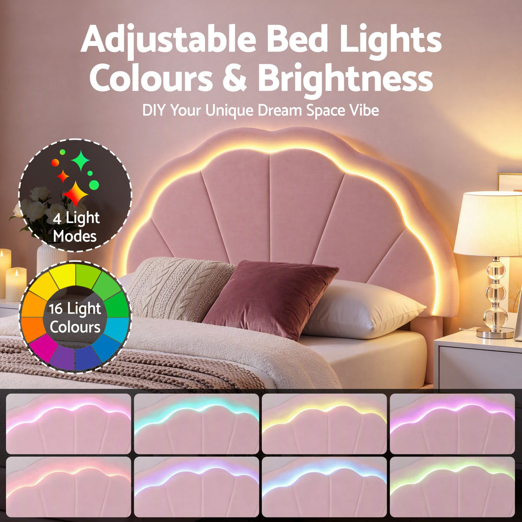 Bed Frame with LED Headboard & Drawer – King Single, Pink Velvet