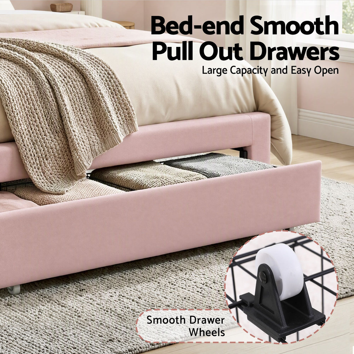 Bed Frame with LED Headboard & Drawer – King Single, Pink Velvet