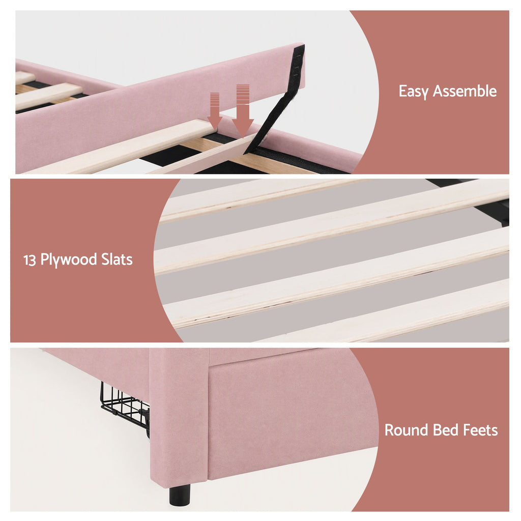 Bed Frame with LED Headboard & Drawer – King Single, Pink Velvet