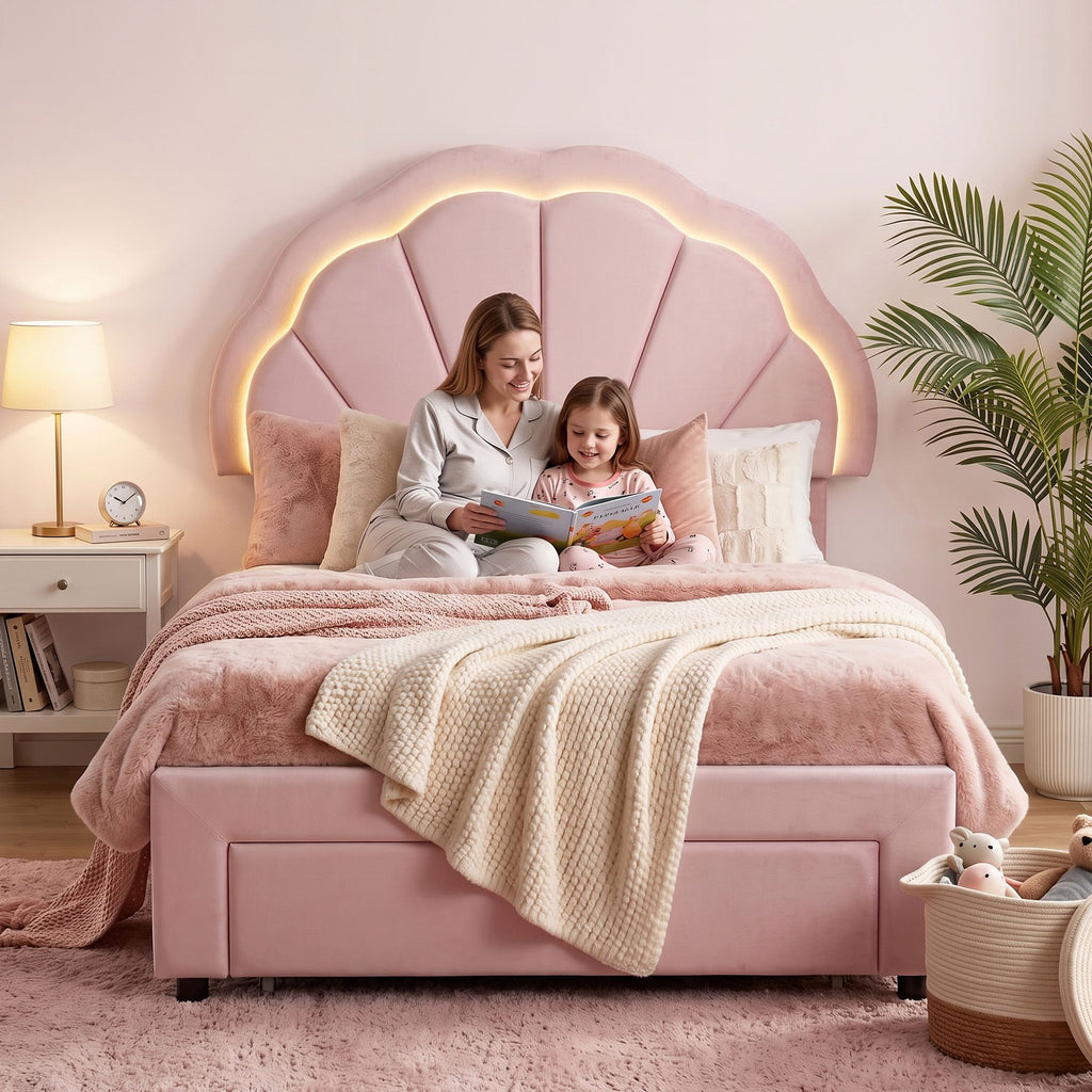 Bed Frame with LED Headboard & Drawer – King Single, Pink Velvet