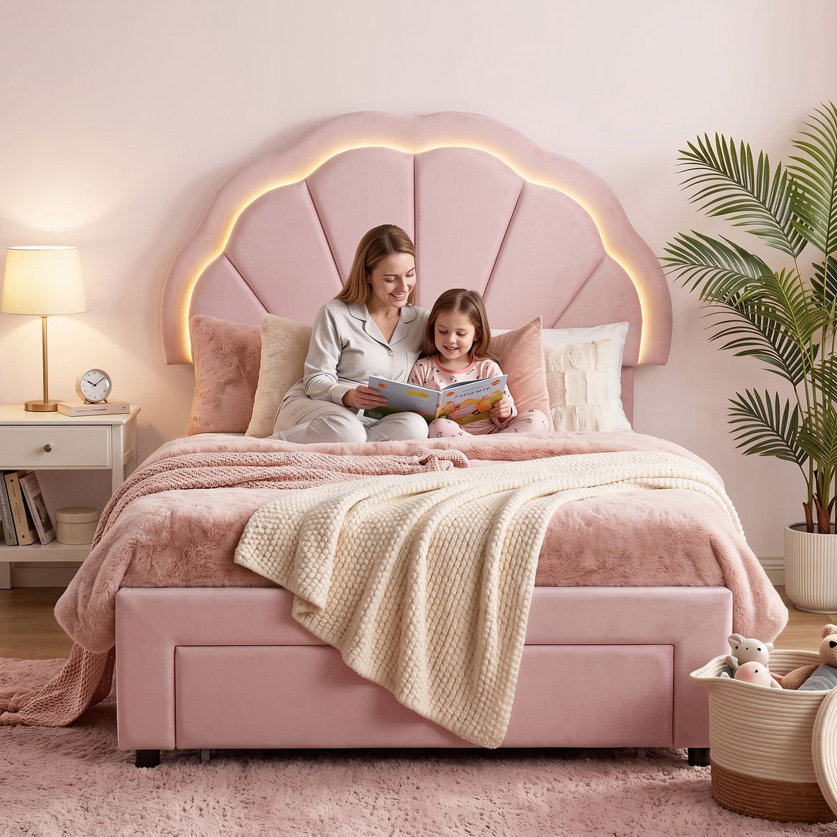 Bed Frame with LED Headboard & Drawer – King Single, Pink Velvet