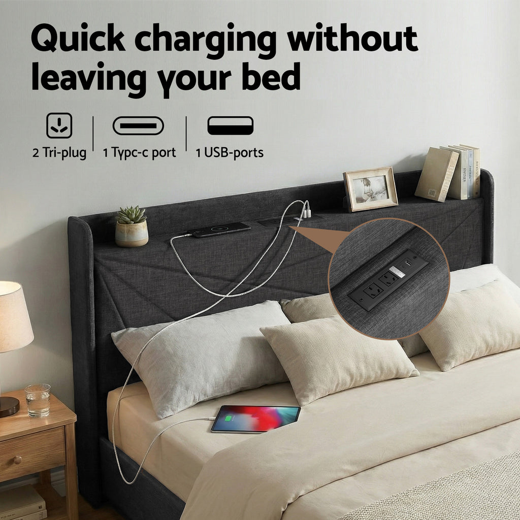Artiss MORFEI Gas Lift Storage Bed Frame - Charcoal Grey