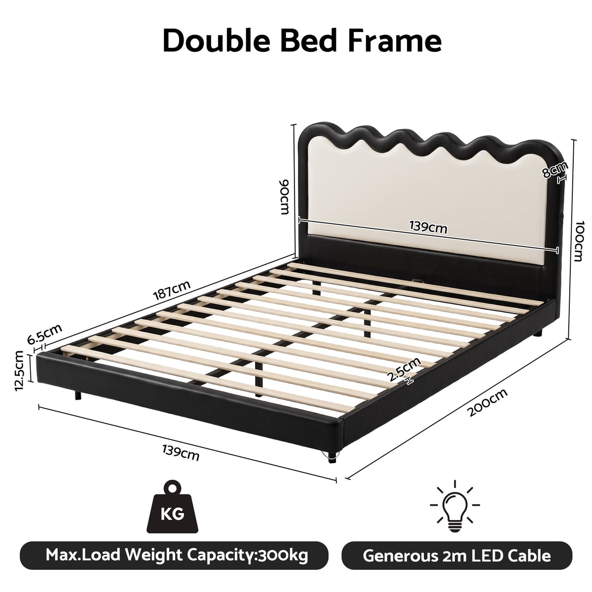 Bed Frame – Double, Floating, RGB LED & USB Charging