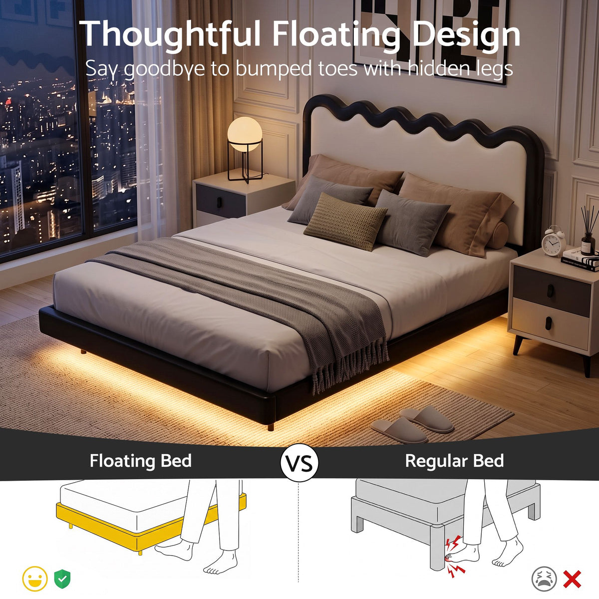 Bed Frame – Double, Floating, RGB LED & USB Charging