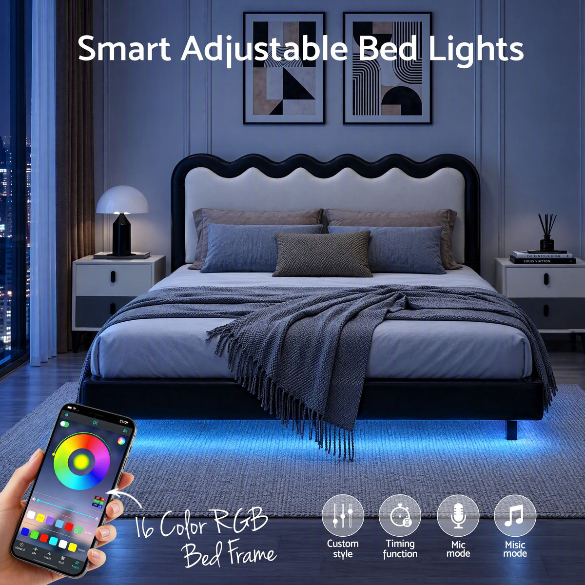Bed Frame – Double, Floating, RGB LED & USB Charging
