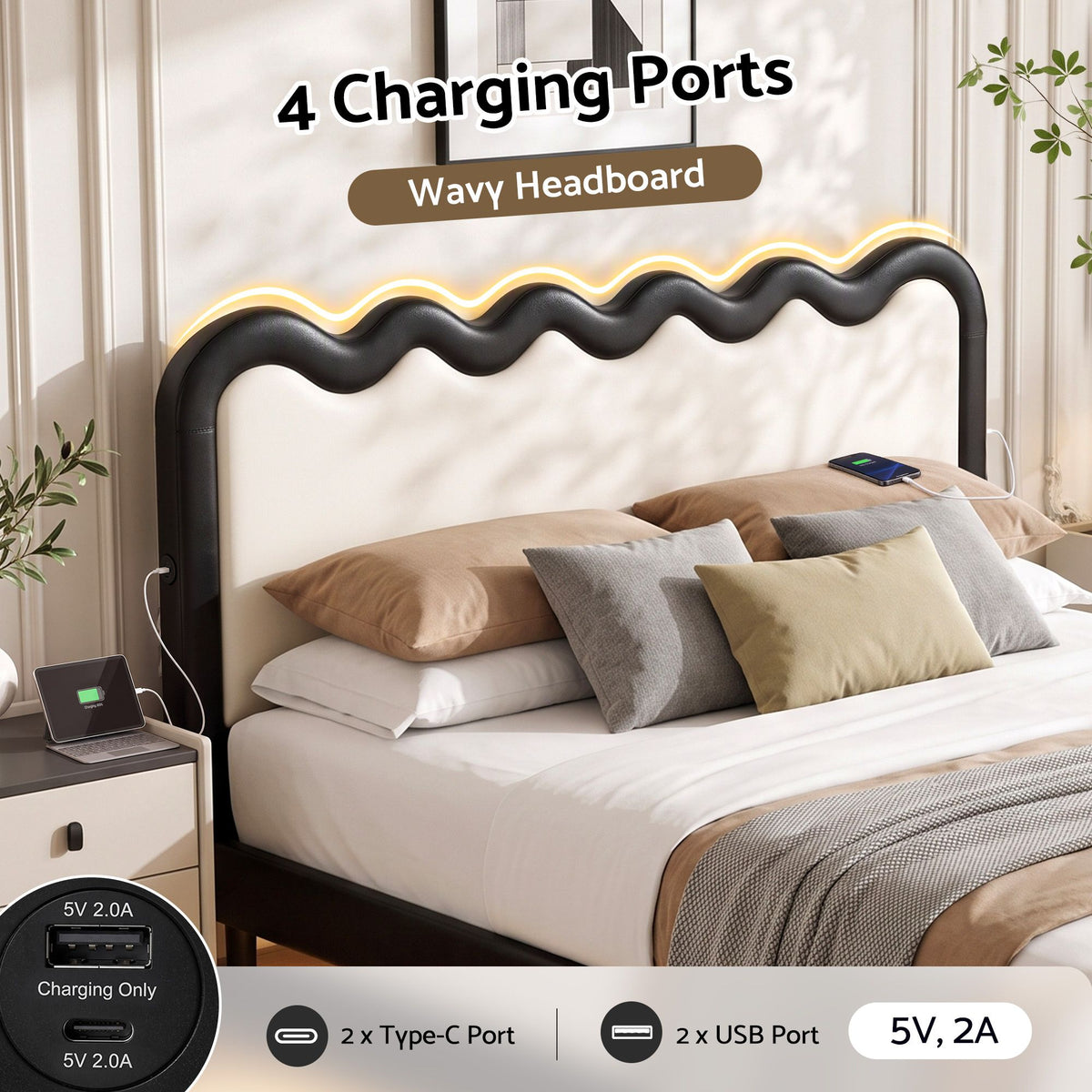 Bed Frame – Queen, Floating, RGB LED & USB Charging