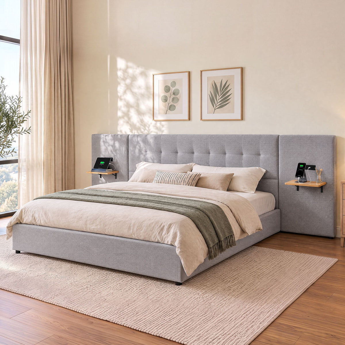 Bed Frame with Shelves & Charging – King, Wide Headboard, Grey