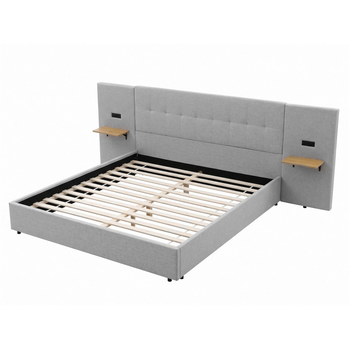 Bed Frame with Shelves & Charging – King, Wide Headboard, Grey
