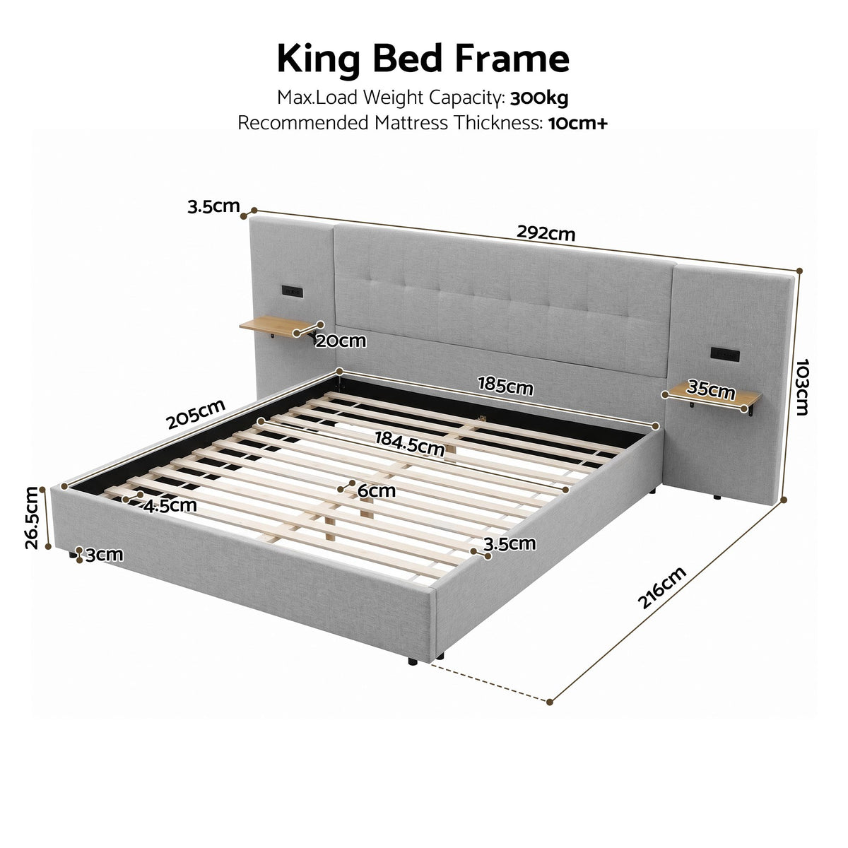 Bed Frame with Shelves & Charging – King, Wide Headboard, Grey