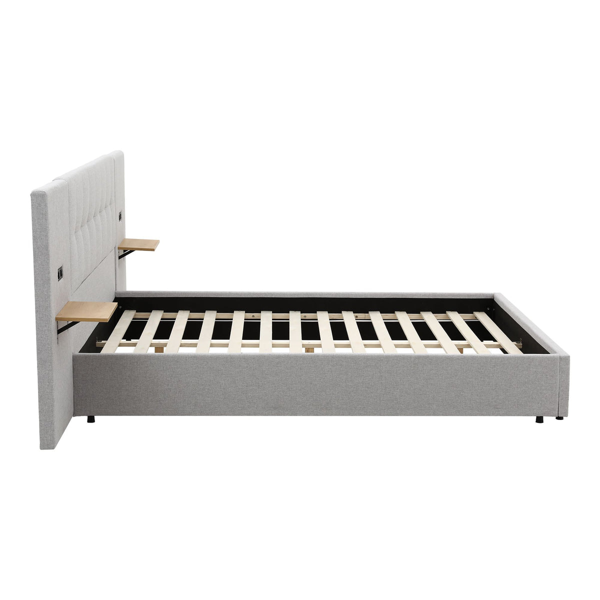 Bed Frame with Shelves & Charging – King, Wide Headboard, Grey