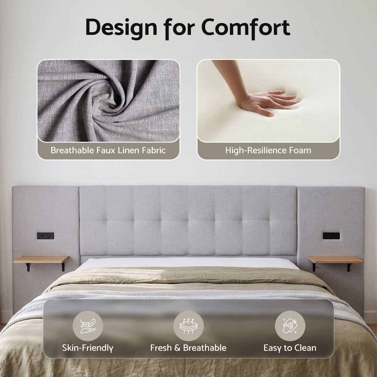 Bed Frame with Shelves & Charging – King, Wide Headboard, Grey