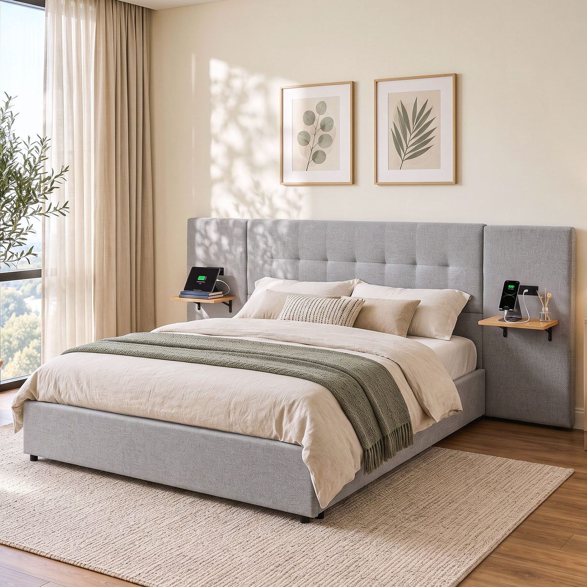 Bed Frame with Shelves & Charging – Queen, Wide Headboard, Grey