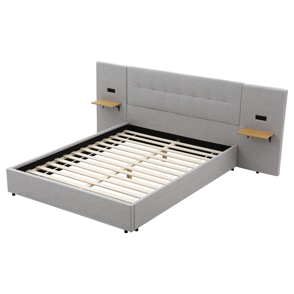 Bed Frame with Shelves & Charging – Queen, Wide Headboard, Grey