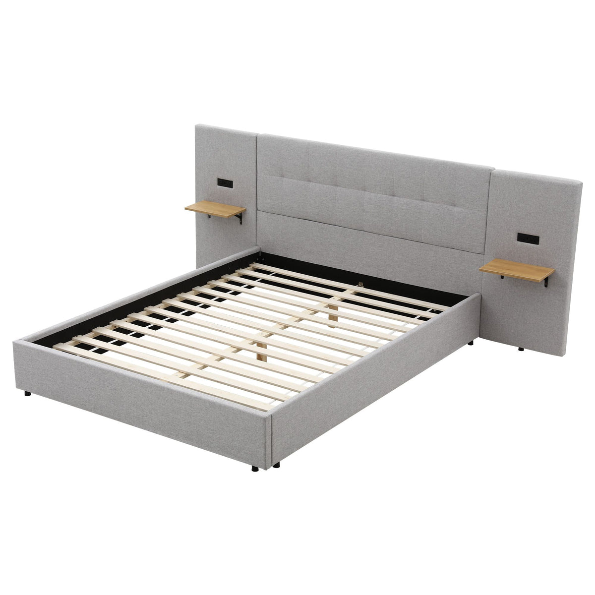 Bed Frame with Shelves & Charging – Queen, Wide Headboard, Grey