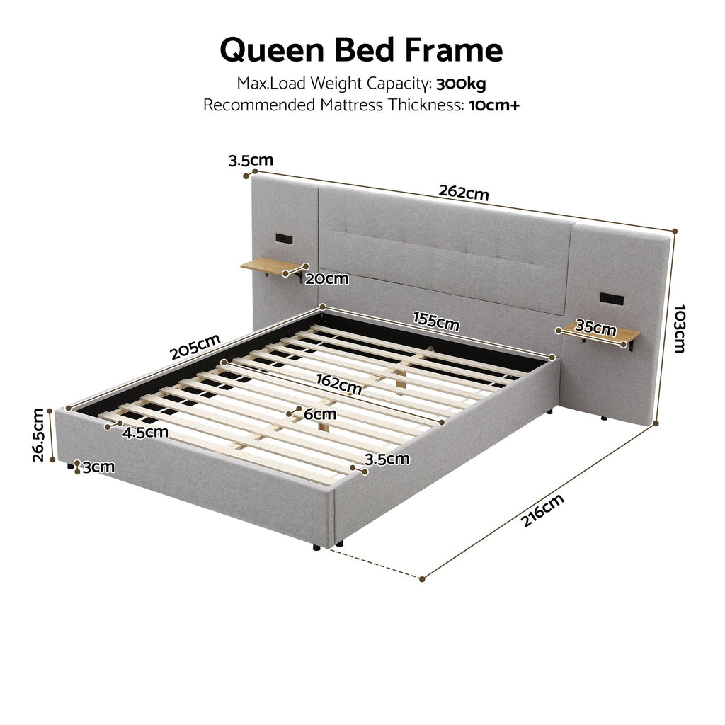 Bed Frame with Shelves & Charging – Queen, Wide Headboard, Grey