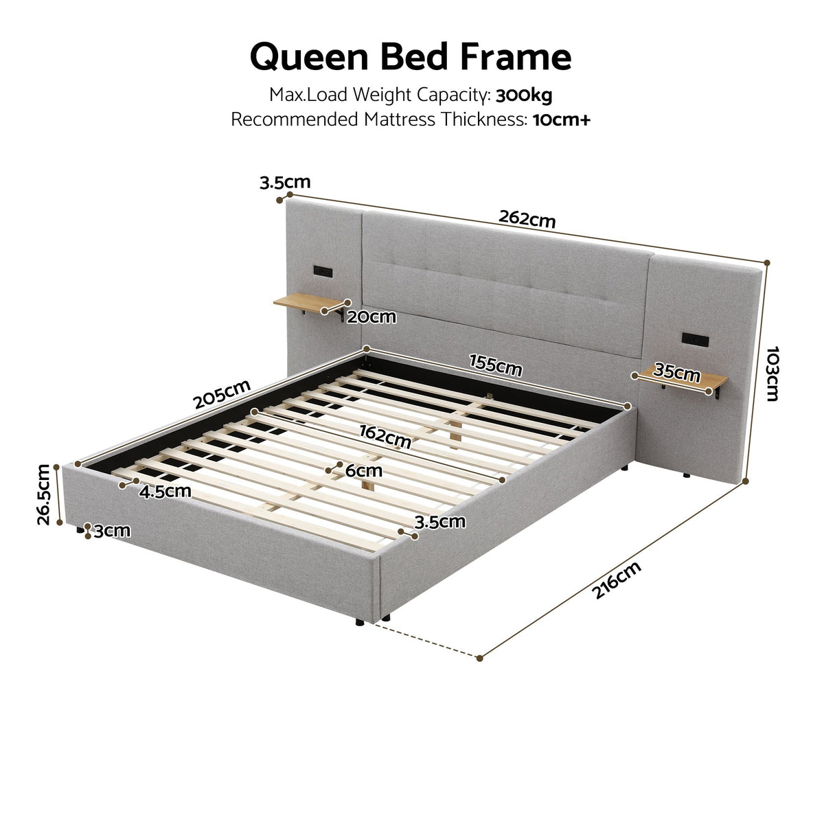 Bed Frame with Shelves & Charging – Queen, Wide Headboard, Grey