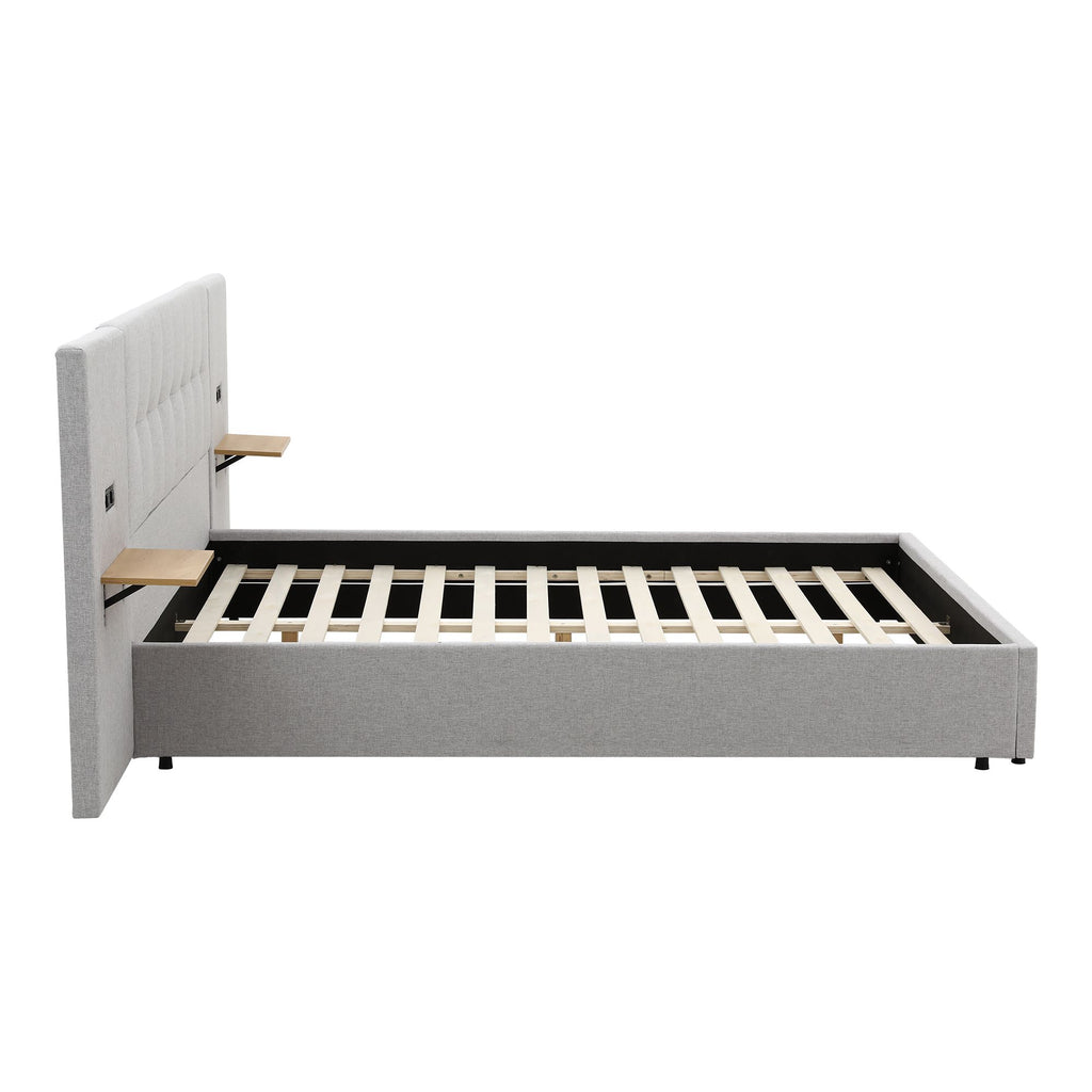 Bed Frame with Shelves & Charging – Queen, Wide Headboard, Grey