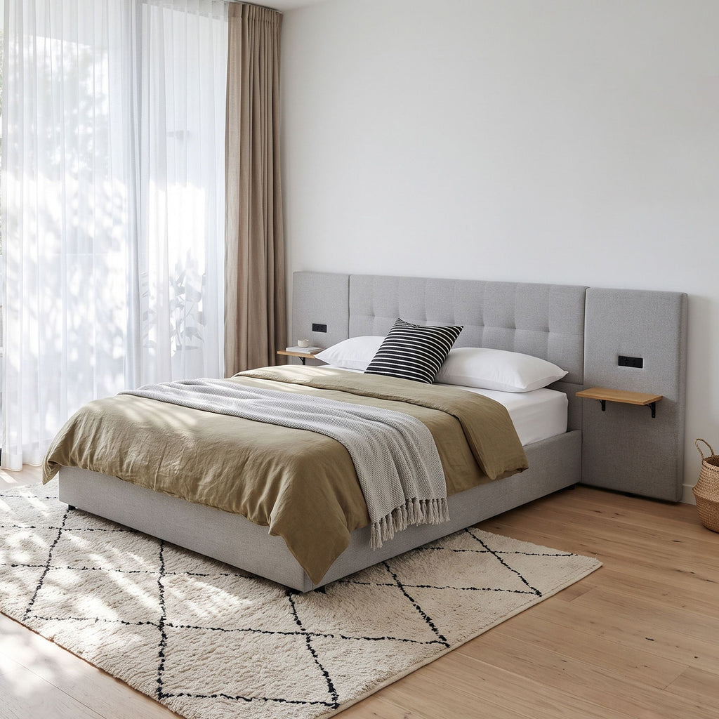 Bed Frame with Shelves & Charging – Queen, Wide Headboard, Grey