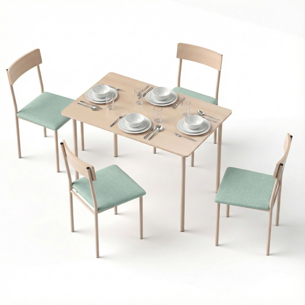 Dining Table & 4 Chairs – 5-Piece Set, Natural & Light Green