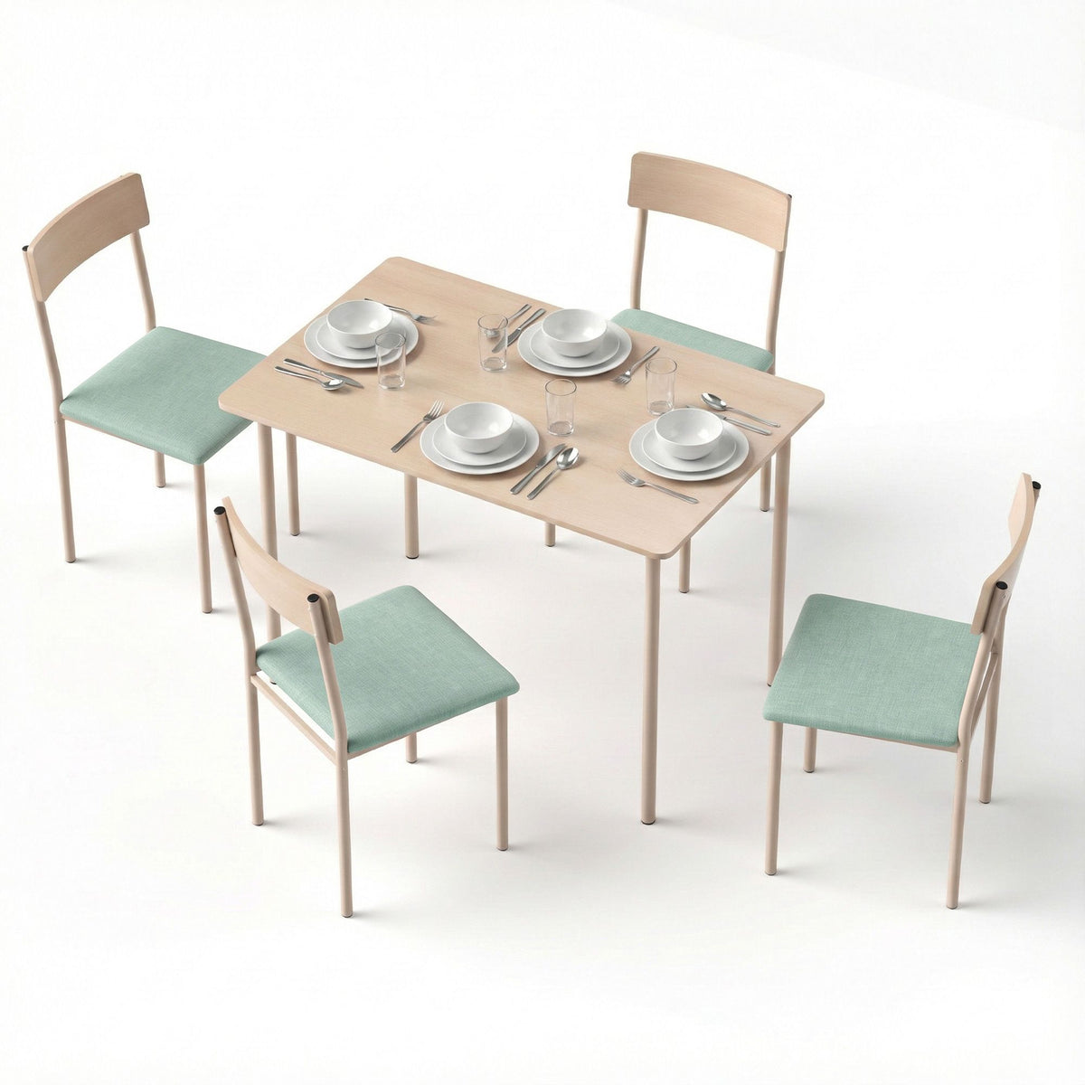 Dining Table & 4 Chairs – 5-Piece Set, Natural & Light Green