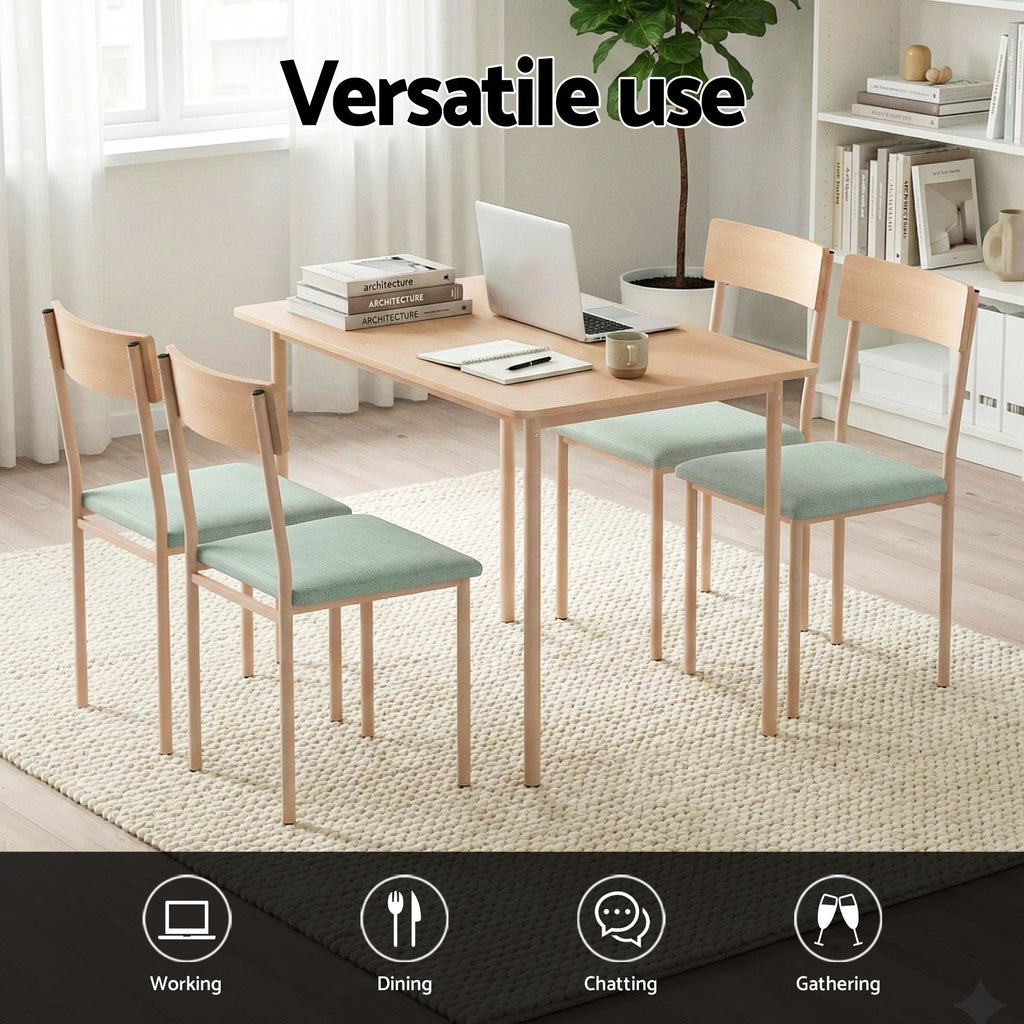 Dining Table & 4 Chairs – 5-Piece Set, Natural & Light Green