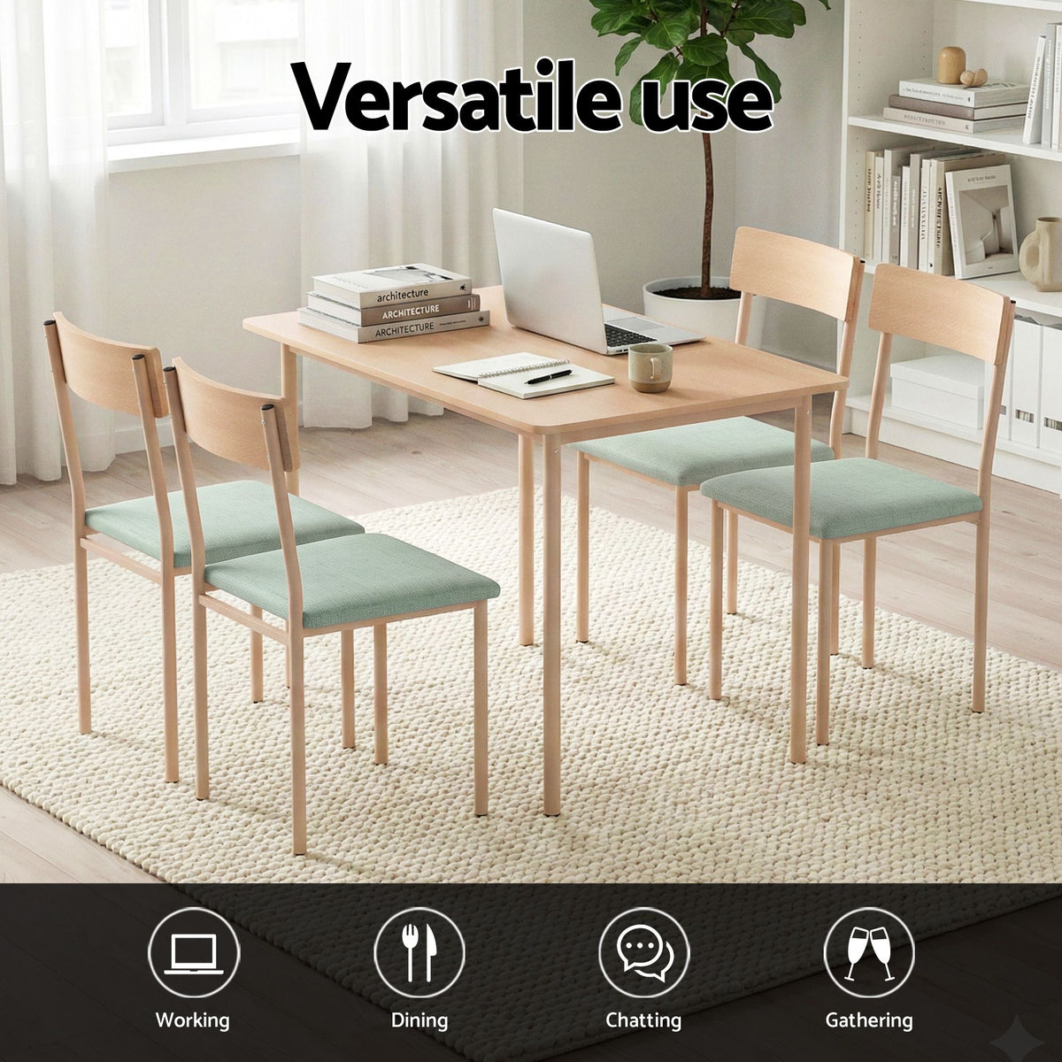Dining Table & 4 Chairs – 5-Piece Set, Natural & Light Green